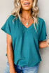 Crinkled Fabric V Neck Wide Sleeve Relaxed T-Shirt