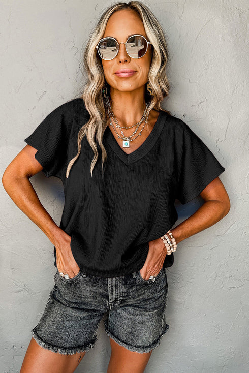 Crinkled Fabric V Neck Wide Sleeve Relaxed T-Shirt