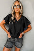 Crinkled Fabric V Neck Wide Sleeve Relaxed T-Shirt