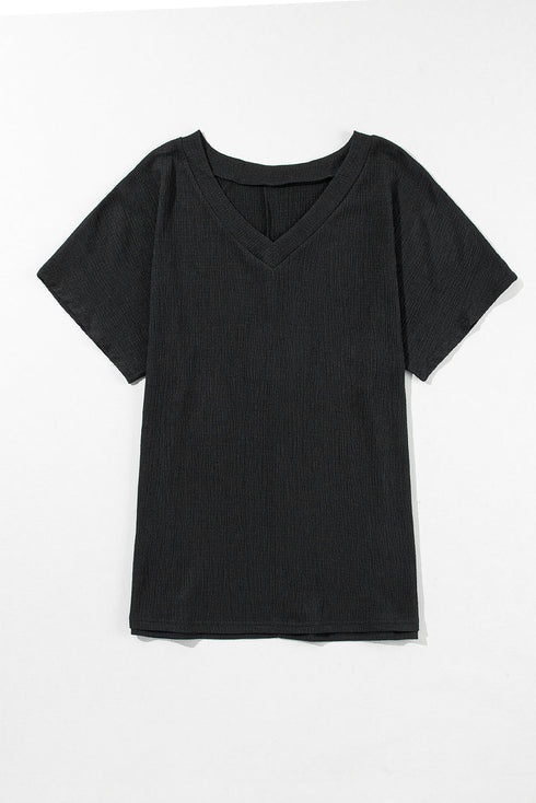 Crinkled Fabric V Neck Wide Sleeve Relaxed T-Shirt