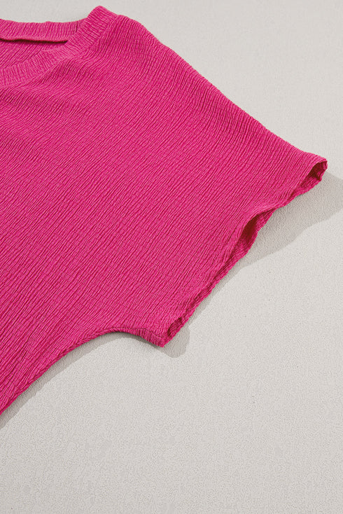 Crinkled Fabric V Neck Wide Sleeve Relaxed T-Shirt