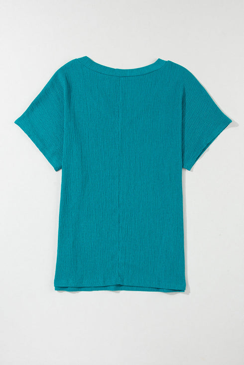 Crinkled Fabric V Neck Wide Sleeve Relaxed T-Shirt