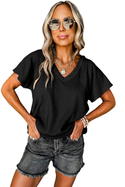 Crinkled Fabric V Neck Wide Sleeve Relaxed T-Shirt