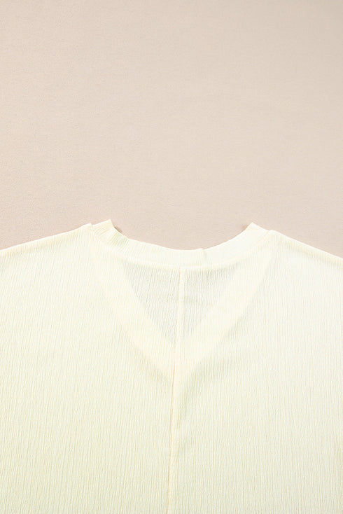 Crinkled Fabric V Neck Wide Sleeve Relaxed T-Shirt