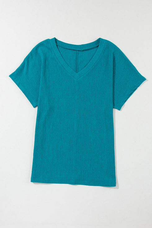 Crinkled Fabric V Neck Wide Sleeve Relaxed T-Shirt