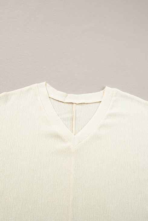 Crinkled Fabric V Neck Wide Sleeve Relaxed T-Shirt