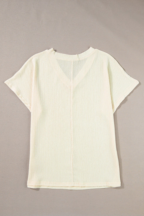 Crinkled Fabric V Neck Wide Sleeve Relaxed T-Shirt