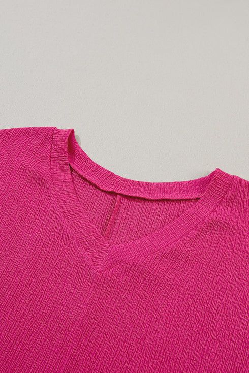 Crinkled Fabric V Neck Wide Sleeve Relaxed T-Shirt