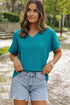 Crinkled Fabric V Neck Wide Sleeve Relaxed T-Shirt