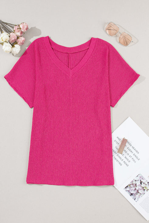 Crinkled Fabric V Neck Wide Sleeve Relaxed T-Shirt