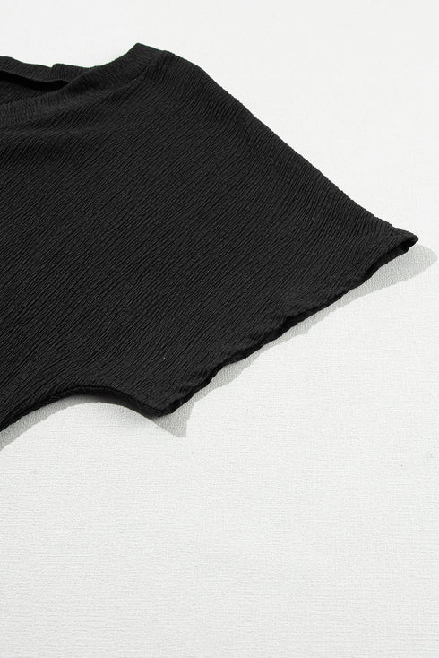 Crinkled Fabric V Neck Wide Sleeve Relaxed T-Shirt