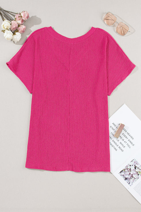 Crinkled Fabric V Neck Wide Sleeve Relaxed T-Shirt