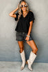 Crinkled Fabric V Neck Wide Sleeve Relaxed T-Shirt