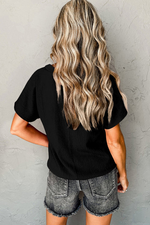 Crinkled Fabric V Neck Wide Sleeve Relaxed T-Shirt