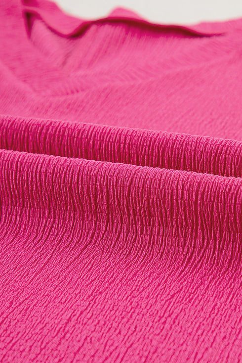 Crinkled Fabric V Neck Wide Sleeve Relaxed T-Shirt