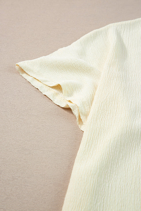Crinkled Fabric V Neck Wide Sleeve Relaxed T-Shirt