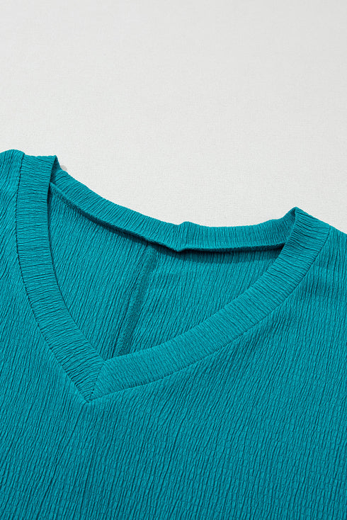 Crinkled Fabric V Neck Wide Sleeve Relaxed T-Shirt