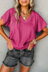 Crinkled Fabric V Neck Wide Sleeve Relaxed T-Shirt