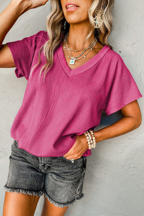 Crinkled Fabric V Neck Wide Sleeve Relaxed T-Shirt