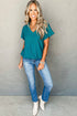 Crinkled Fabric V Neck Wide Sleeve Relaxed T-Shirt