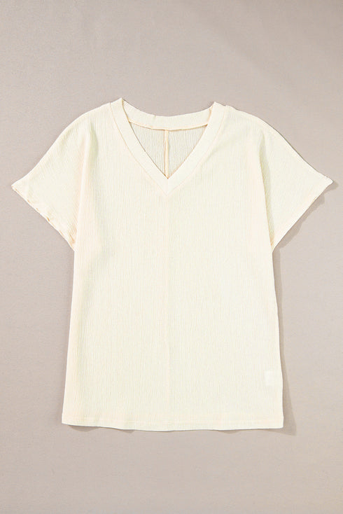 Crinkled Fabric V Neck Wide Sleeve Relaxed T-Shirt