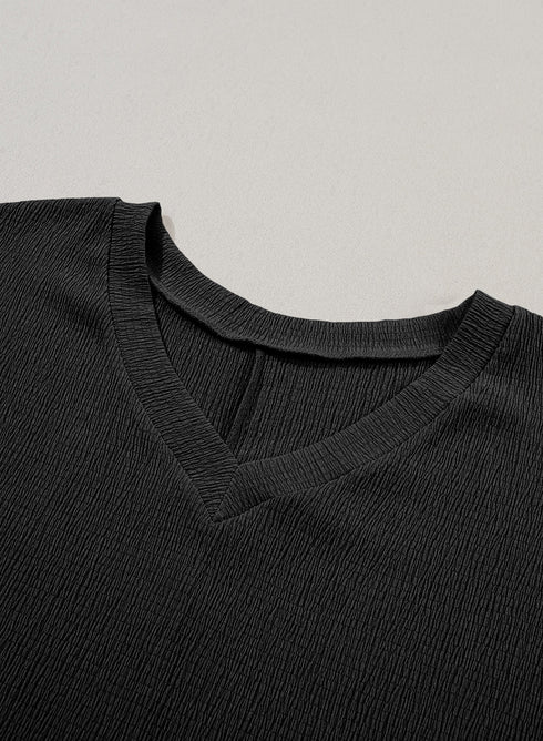 Crinkled Fabric V Neck Wide Sleeve Relaxed T-Shirt