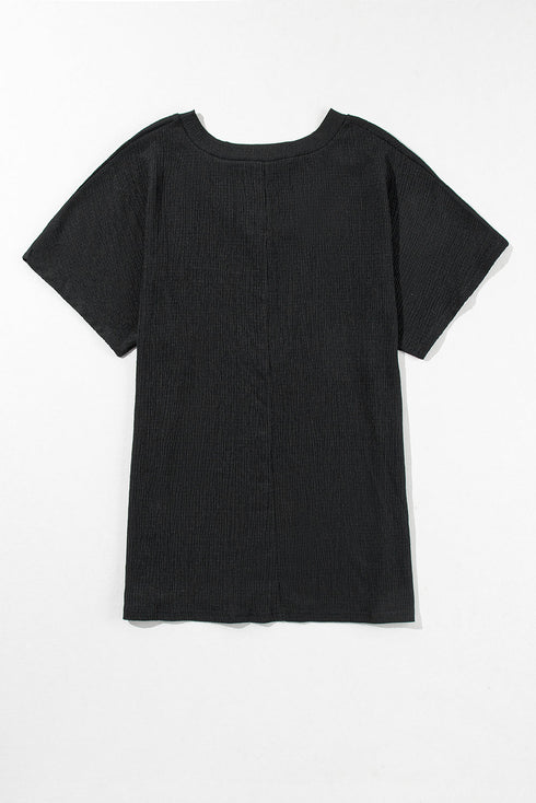 Crinkled Fabric V Neck Wide Sleeve Relaxed T-Shirt