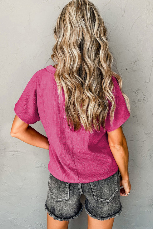 Crinkled Fabric V Neck Wide Sleeve Relaxed T-Shirt