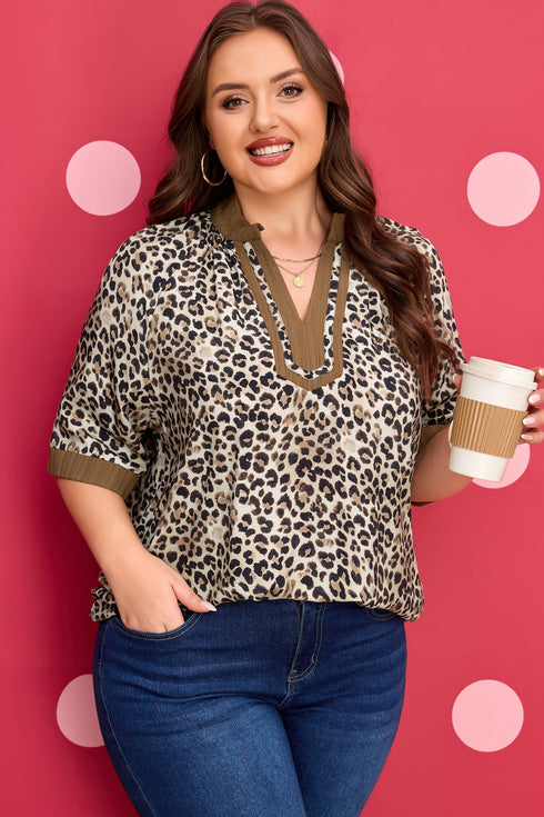Crinkled Patchwork Leopard Print V Neck Western Blouse