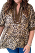 Crinkled Patchwork Leopard Print V Neck Western Blouse