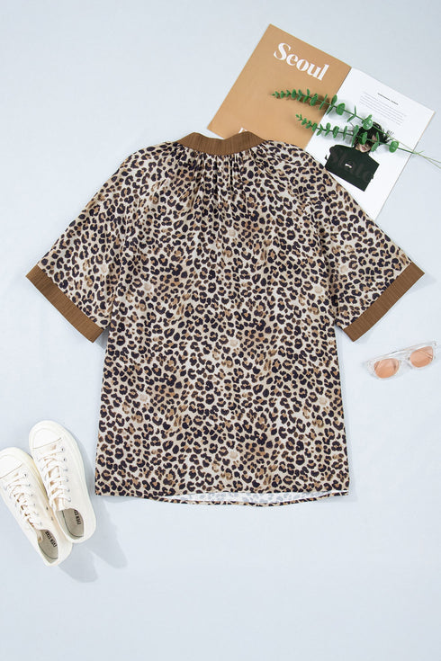 Crinkled Patchwork Leopard Print V Neck Western Blouse