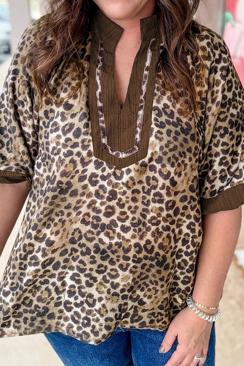 Crinkled Patchwork Leopard Print V Neck Western Blouse