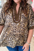 Crinkled Patchwork Leopard Print V Neck Western Blouse