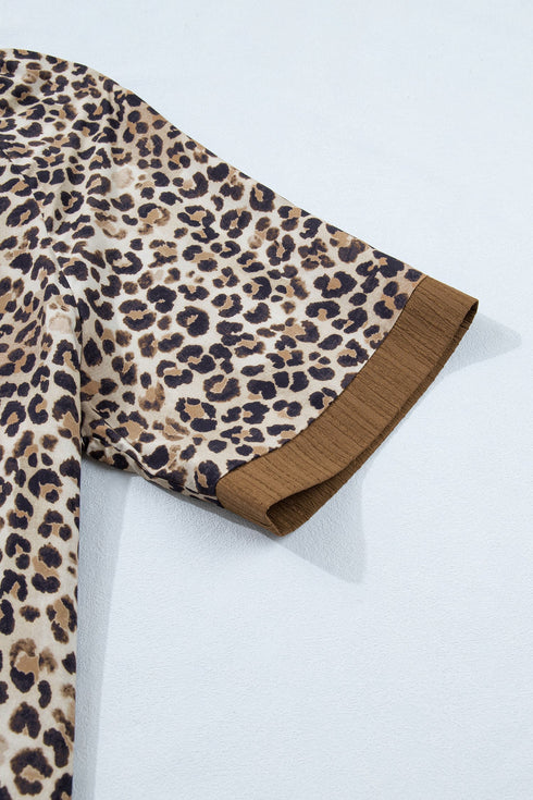 Crinkled Patchwork Leopard Print V Neck Western Blouse