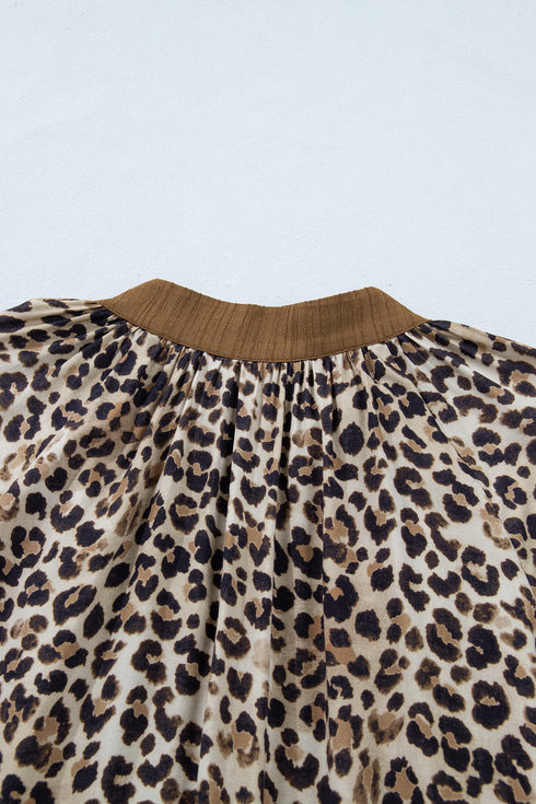 Crinkled Patchwork Leopard Print V Neck Western Blouse