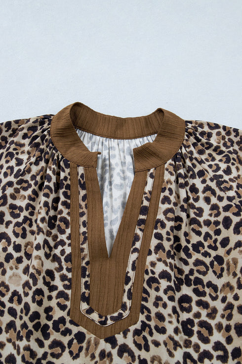 Crinkled Patchwork Leopard Print V Neck Western Blouse