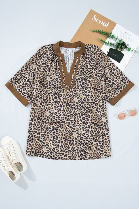 Crinkled Patchwork Leopard Print V Neck Western Blouse