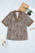 Crinkled Patchwork Leopard Print V Neck Western Blouse