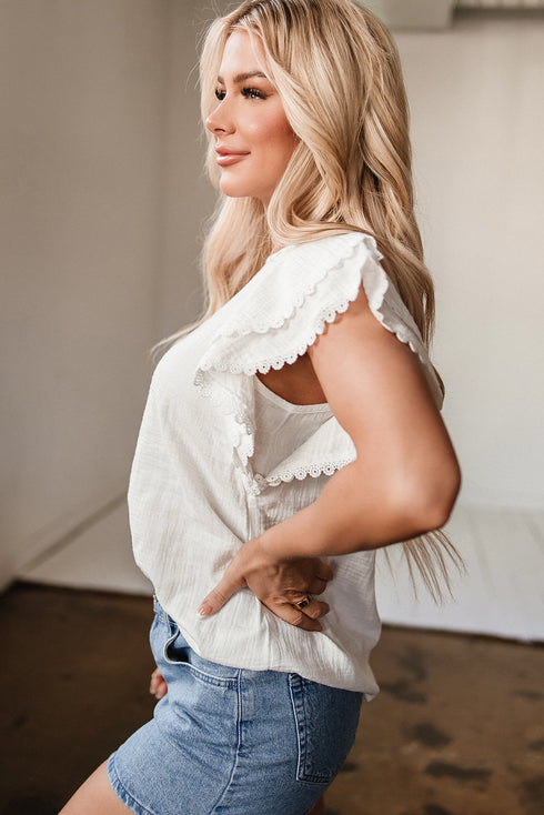 Crinkled Texture Layered Ruffle Sleeve Cotton Blouse