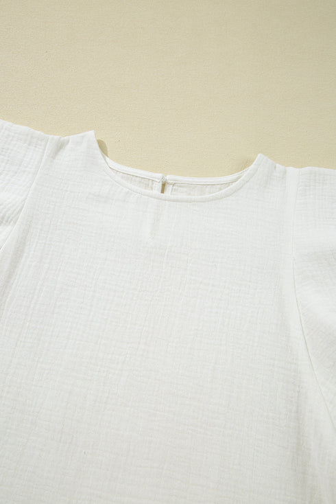 Crinkled Texture Layered Ruffle Sleeve Cotton Blouse