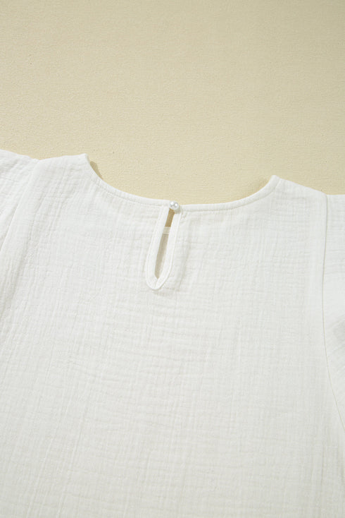 Crinkled Texture Layered Ruffle Sleeve Cotton Blouse