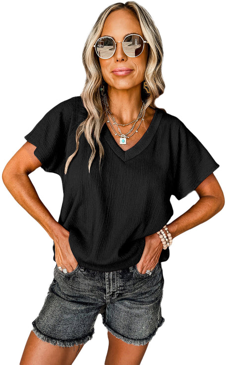 Crinkled V Neck Wide Sleeve T-shirt