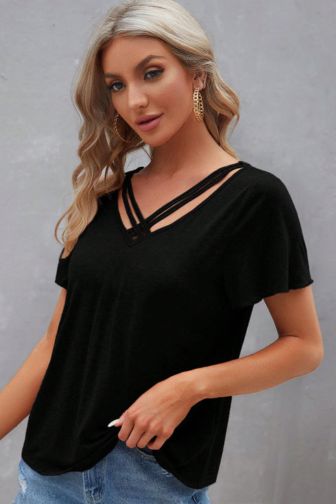 Crisscross V Neck Butterfly Sleeve Soft Knit Shirt