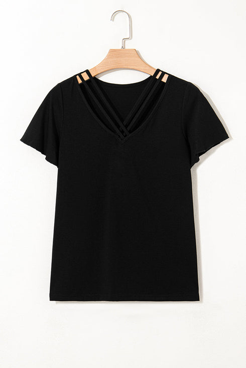 Crisscross V Neck Butterfly Sleeve Soft Knit Shirt