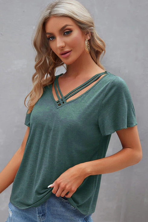 Crisscross V Neck Butterfly Sleeve Soft Knit Shirt