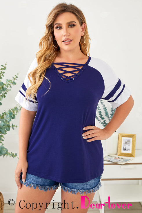 Crisscross V Neck Raglan Sleeve Plus Size Tee