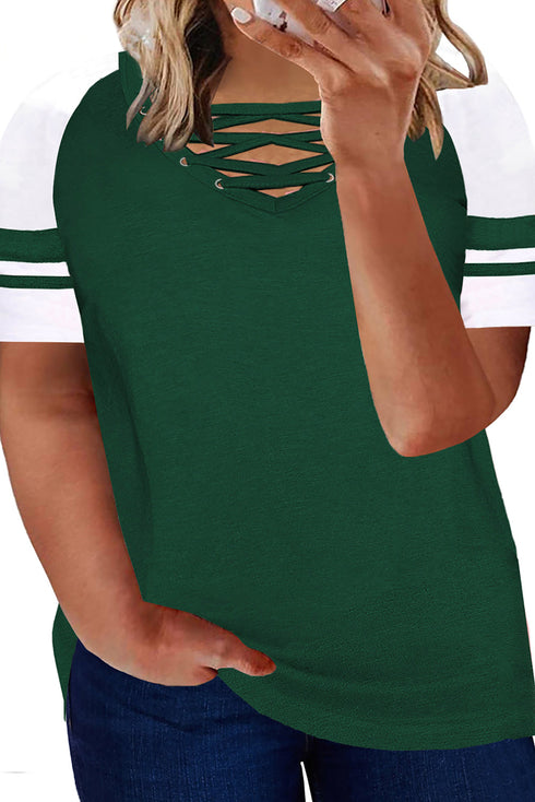 Crisscross V Neck Raglan Sleeve Plus Size Tee