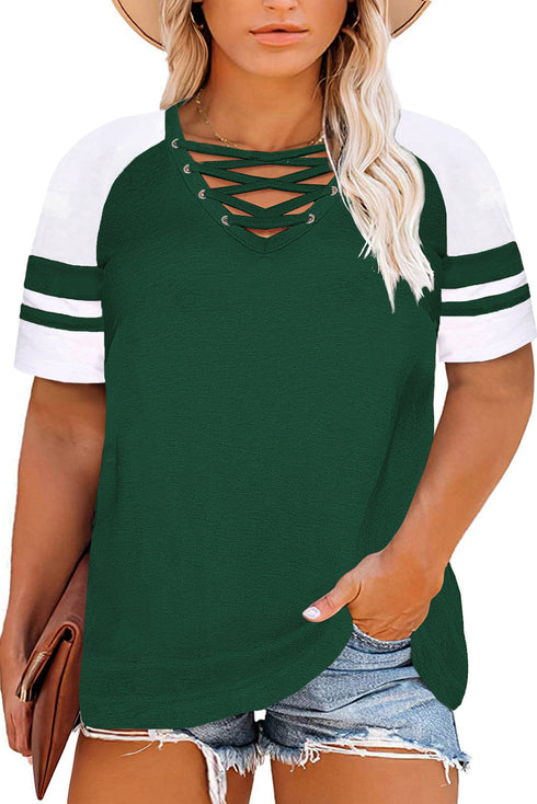 Crisscross V Neck Raglan Sleeve Plus Size Tee