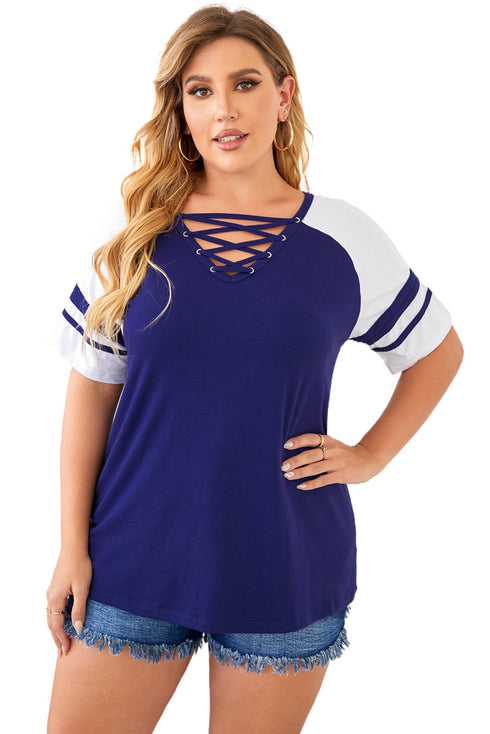 Crisscross V Neck Raglan Sleeve Plus Size Tee