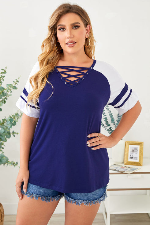 Crisscross V Neck Raglan Sleeve Plus Size Tee